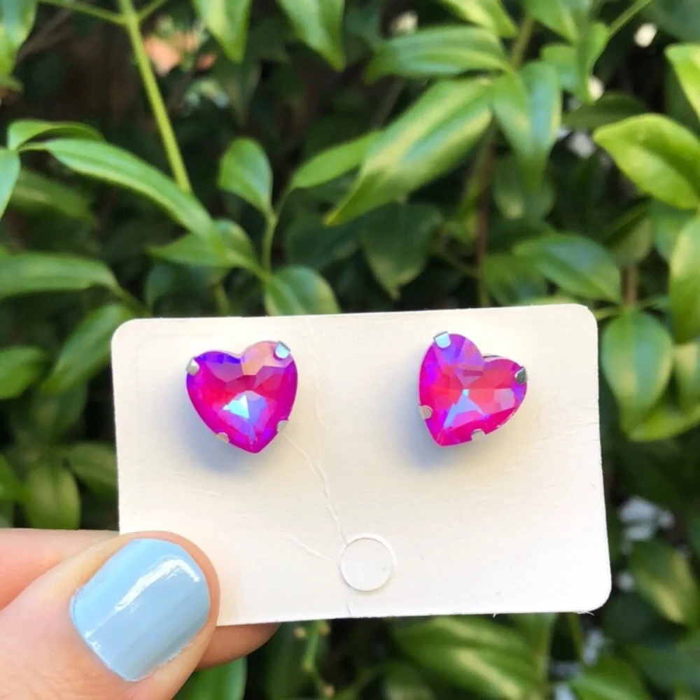 Hot Pink AB Crystal Heart Earrings